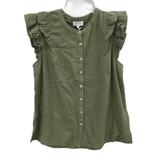 Grab Denim Ruffle Sleeve Sage Green Cotton Button Up Top Ladies Size 10 NEW