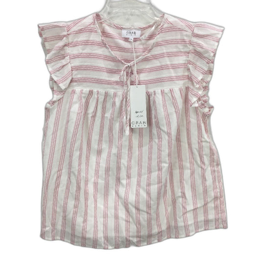 Grab Denim Flutter Sleeve Tie Neck Pink White Stripe Top Ladies Size 10 NEW