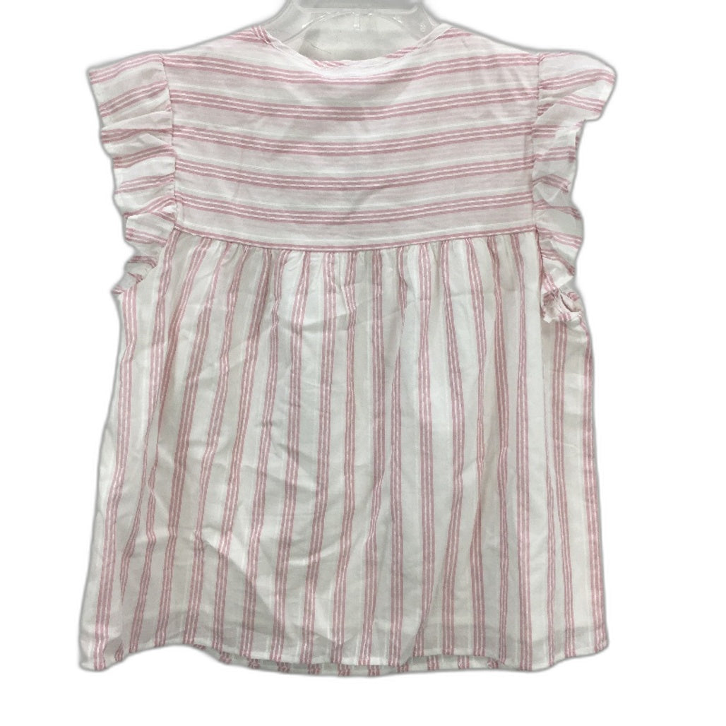 Grab Denim Flutter Sleeve Tie Neck Pink White Stripe Top Ladies Size 10 NEW