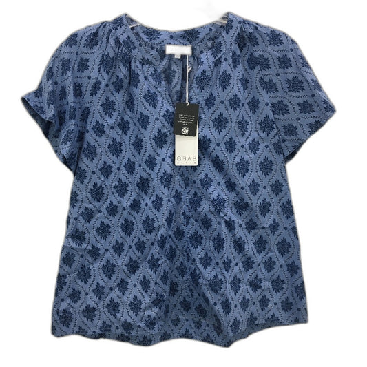 Grab Denim Floral V Neck Cotton Blue Shortsleeve Tunic Top Ladies Size 10 NEW