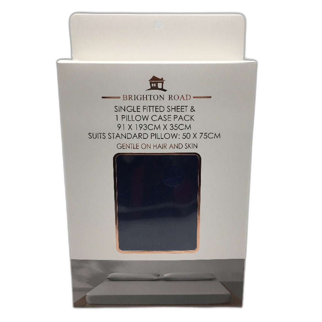 Brighton Road Navy Gentle On Hair & Skin Satin SINGLE Fitted Sheet Pack NEW