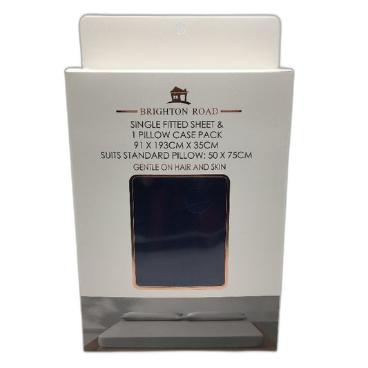Brighton Road Navy Gentle On Hair & Skin Satin SINGLE Fitted Sheet Pack NEW