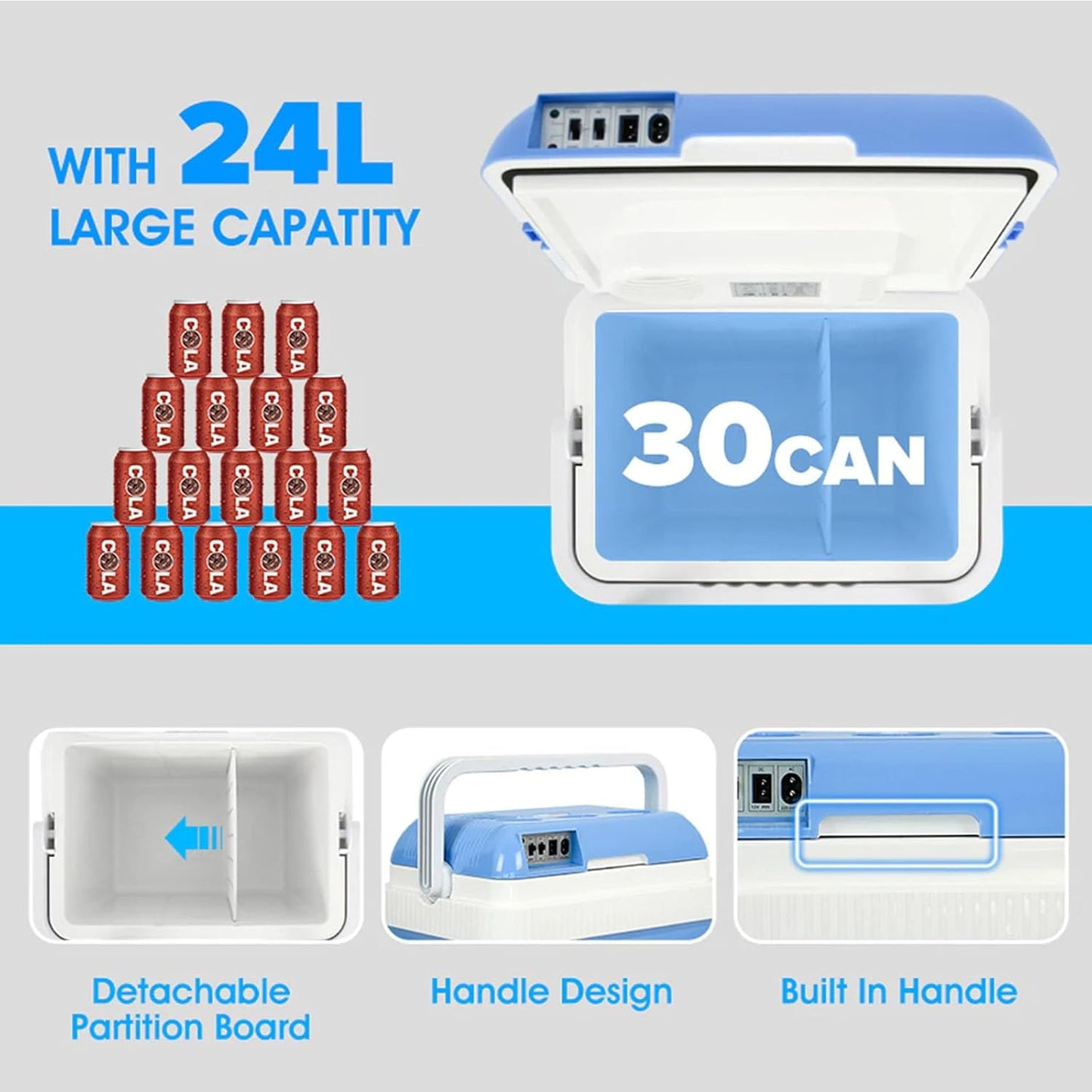 24L 12V Portable Mini Thermoelectric Travel Car Camping Cooler in Blue NEW