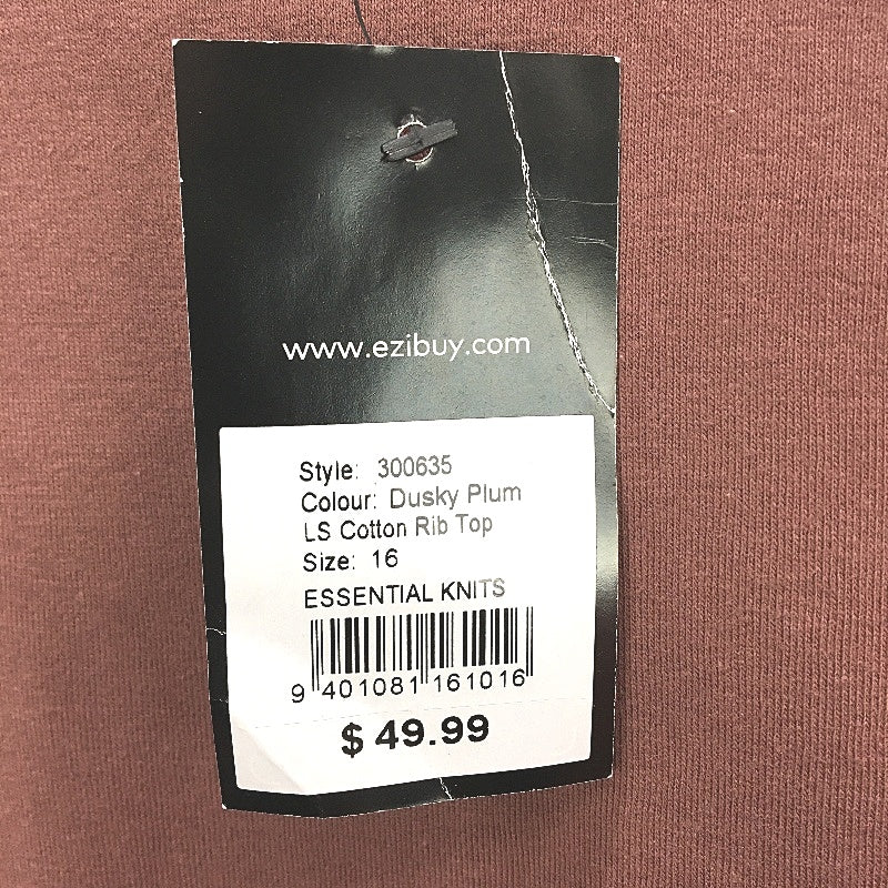 Capture Round Neck Long Sleeve Cotton Dusky Plum Rib Top Ladies Size 16 NEW