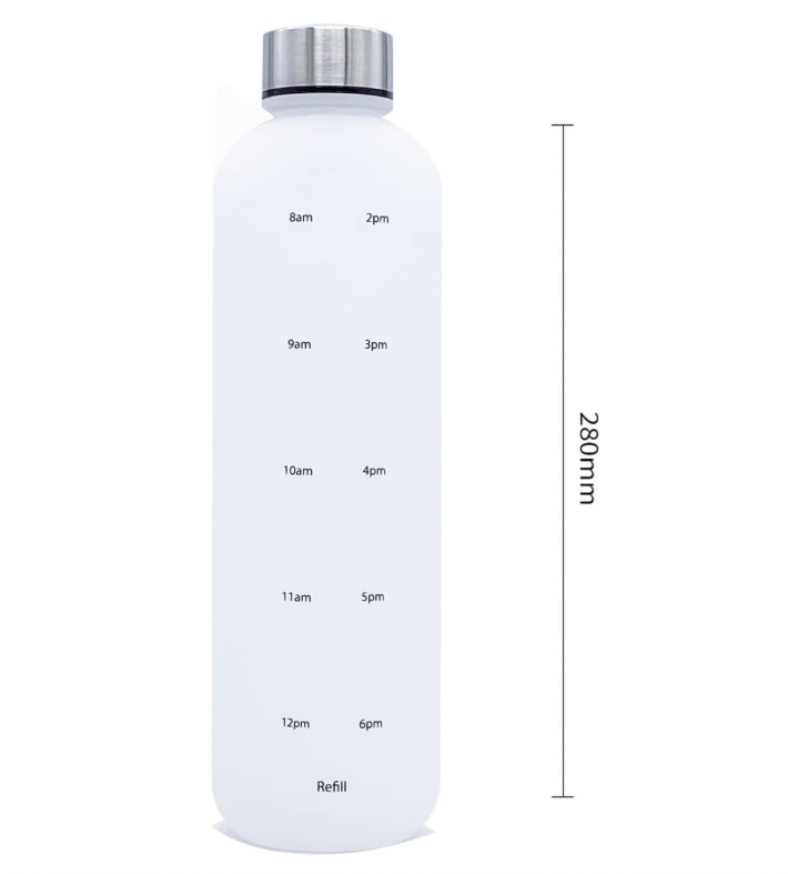 Sports Water Bottle White 1000ml With Time Marking Leak Proof Drinkbottle