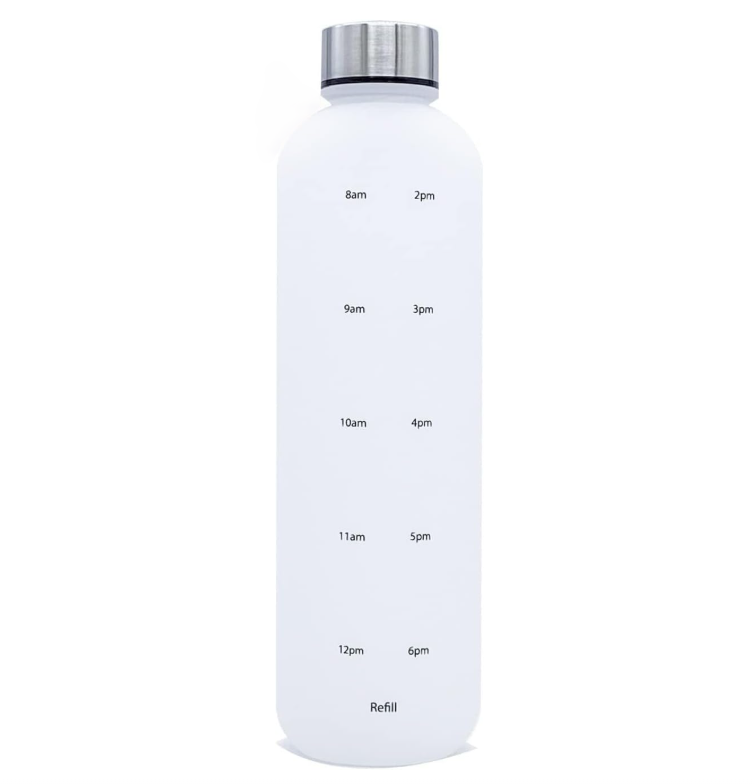 Sports Water Bottle White 1000ml With Time Marking Leak Proof Drinkbottle