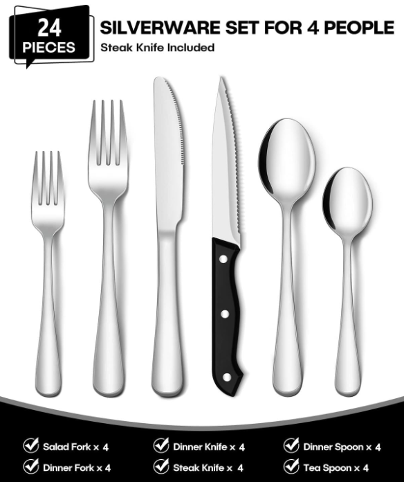 24 Piece Silverware Set Service For 4 Stainless Steel Flatware Set Cutlery