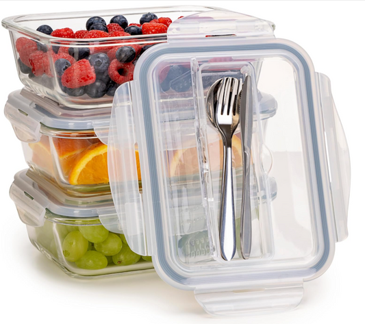 Igluu 3 Pack Glass Meal Prep Containers With Lids & Utensils Airtight Snaplock