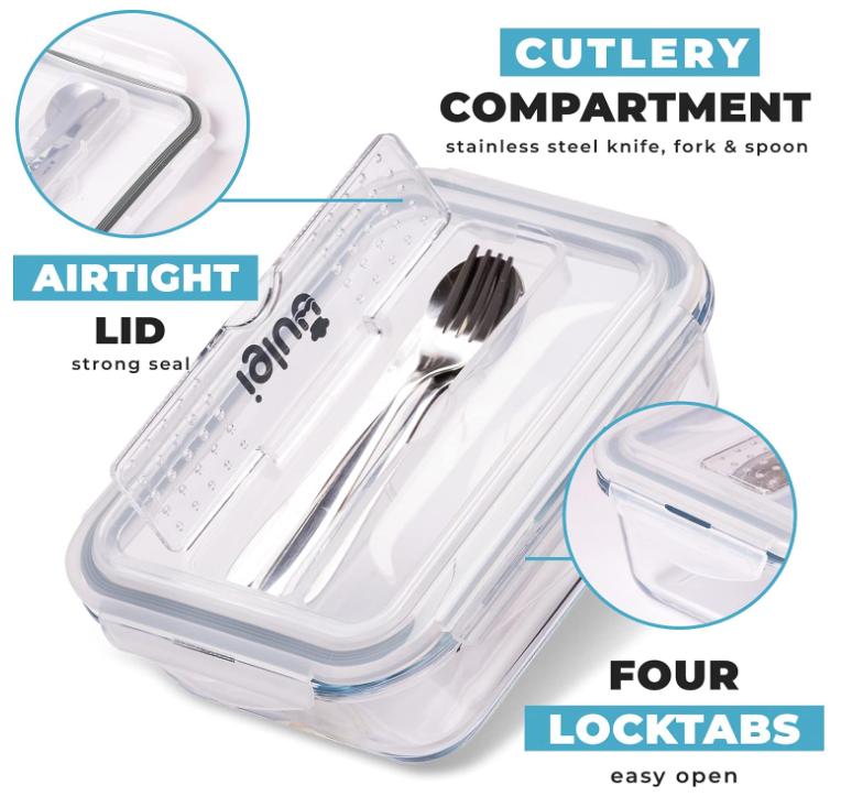 Igluu 3 Pack Glass Meal Prep Containers With Lids & Utensils Airtight Snaplock