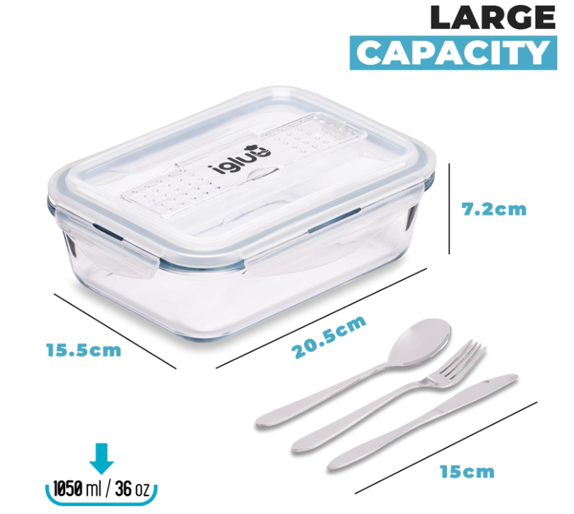Igluu 3 Pack Glass Meal Prep Containers With Lids & Utensils Airtight Snaplock