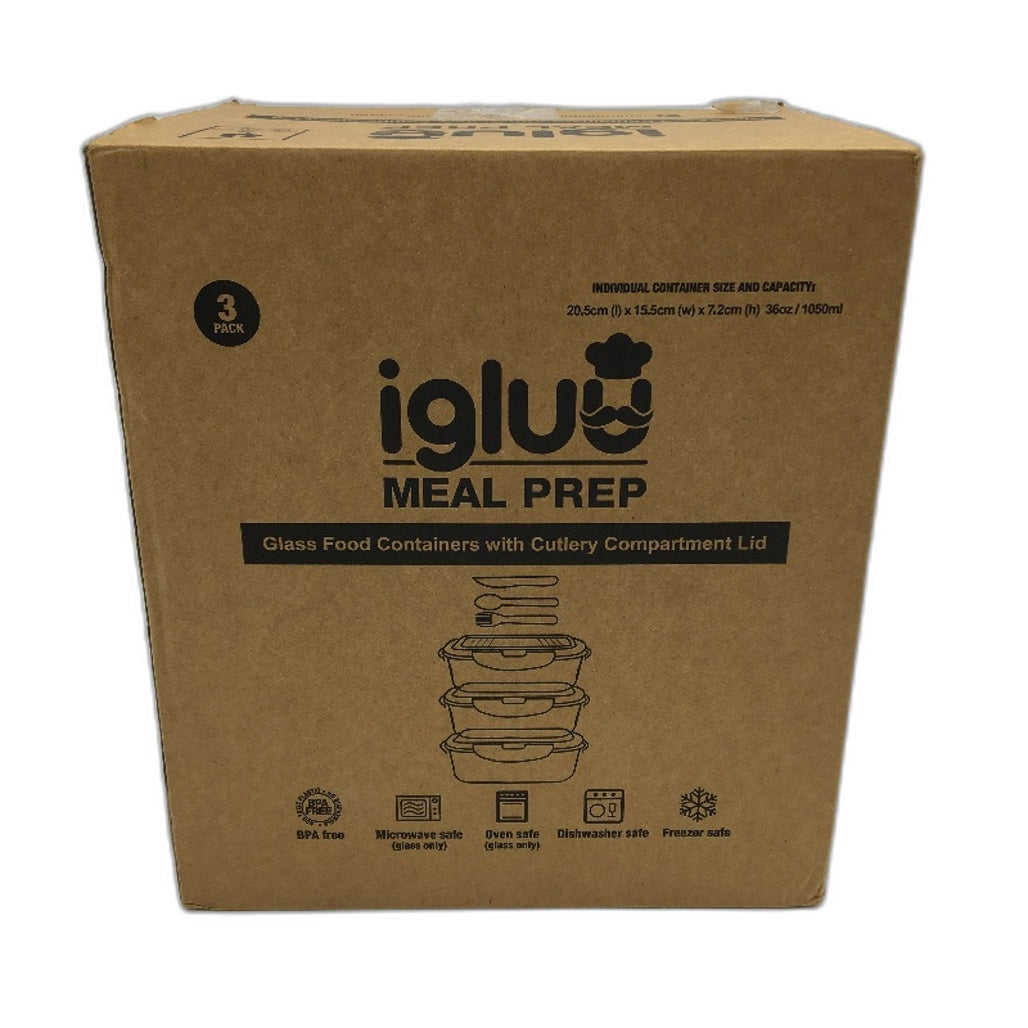 Igluu 3 Pack Glass Meal Prep Containers With Lids & Utensils Airtight Snaplock