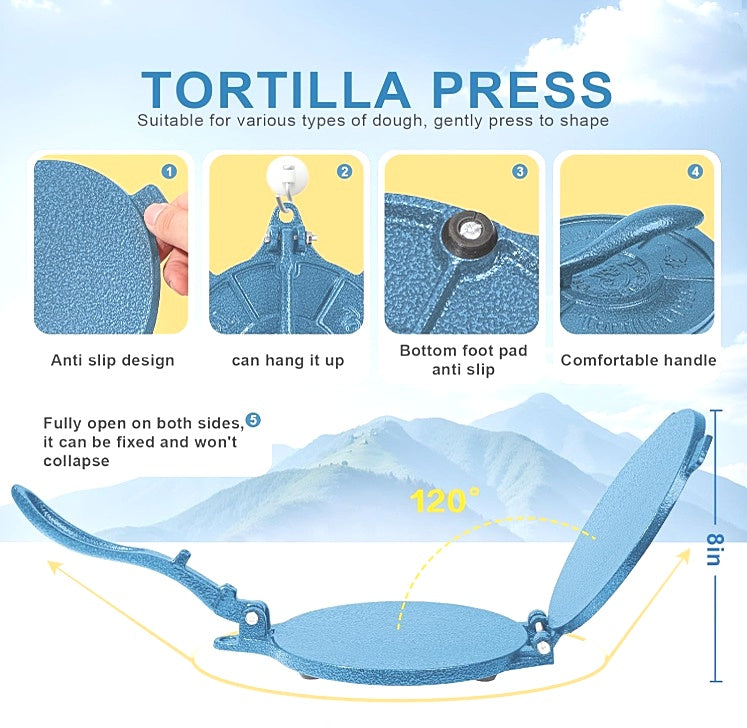 Vivicreate Cast Iron Tortilla Press 8 Inch Tortilla & Quesadilla Maker Blue