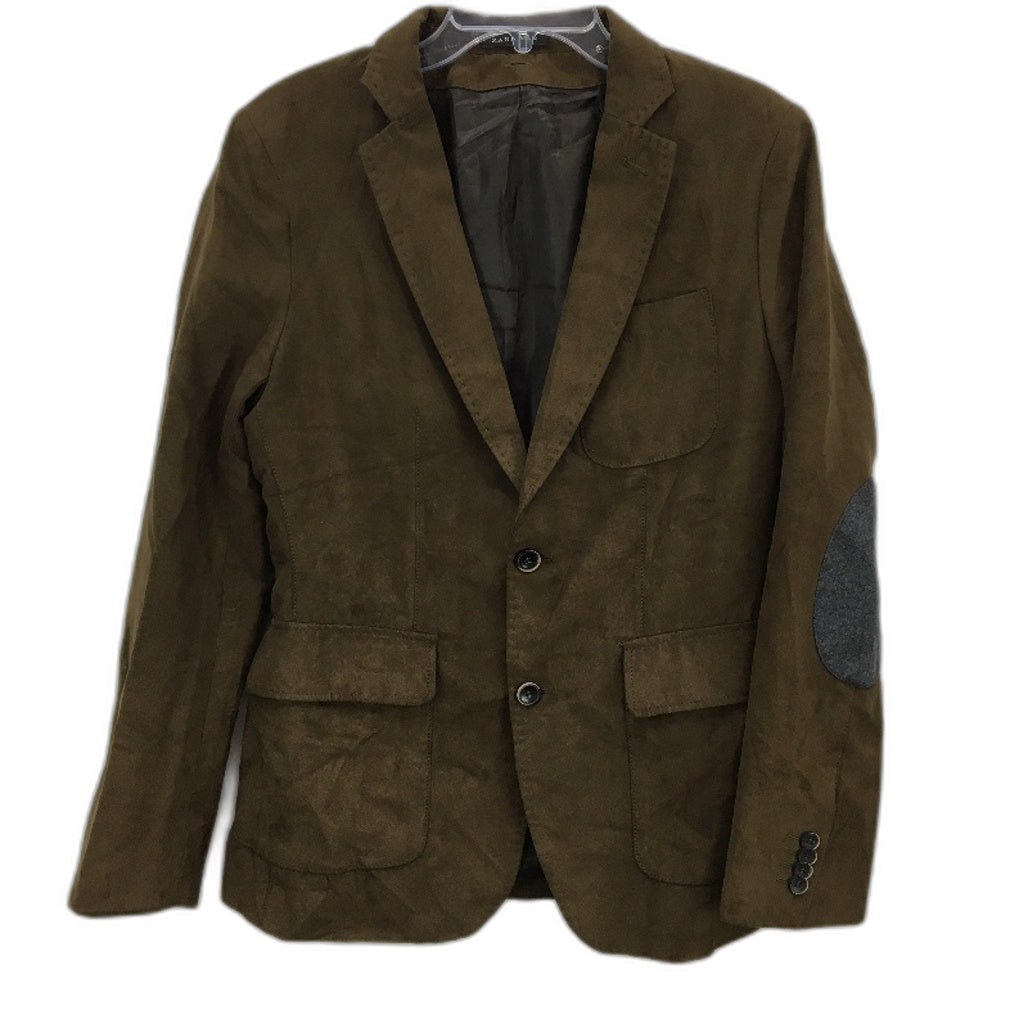 ZARA Dark Brown Green Suede Single Breasted Fully Lined Mens Blazer Jacket