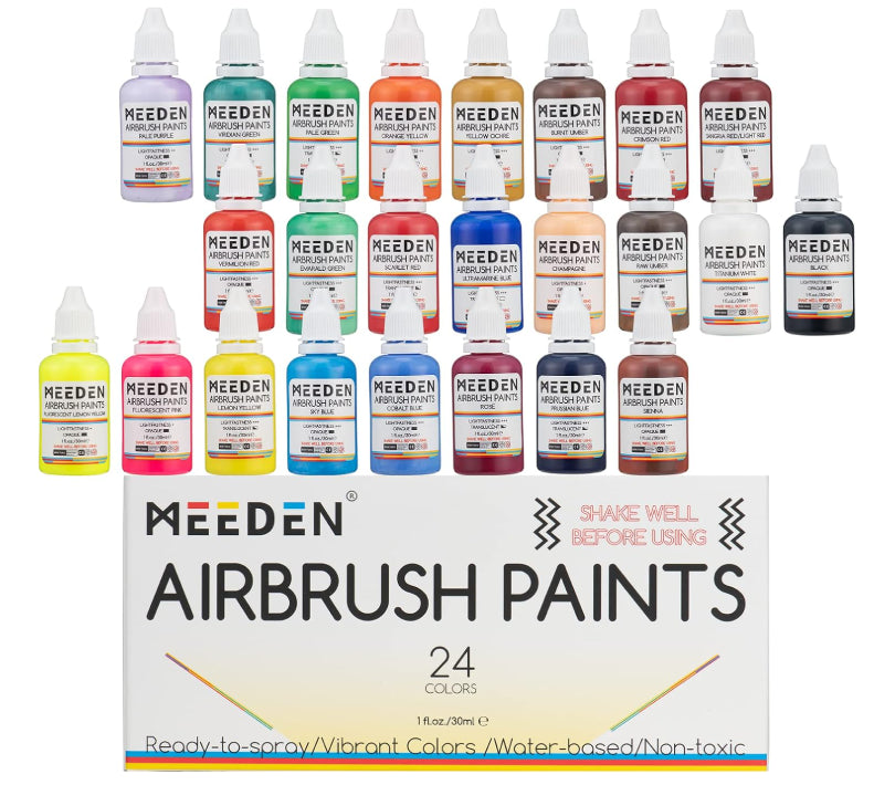 Meeden 24 Pcs 30ml Airbrush Paints Ready To Spray Non-Toxic Water Based Colours
