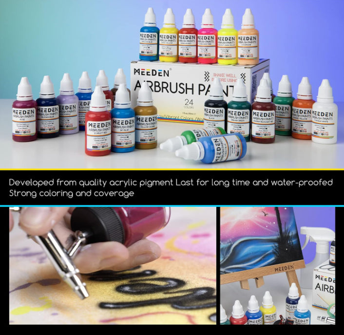 Meeden 24 Pcs 30ml Airbrush Paints Ready To Spray Non-Toxic Water Based Colours