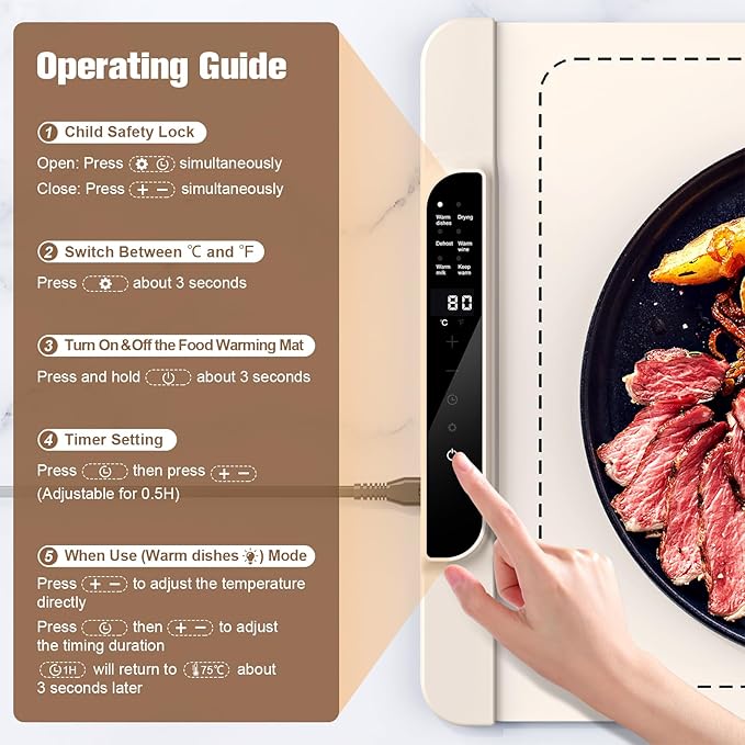 6 Temperature Flexible Portable Electric Food Warming Mat in Cream DEMO