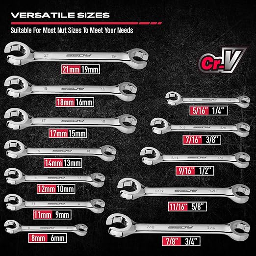 SEDY 14 Piece SAE Brake and Metric Flare Nut Wrench Set with x2 Teflon Tape NEW