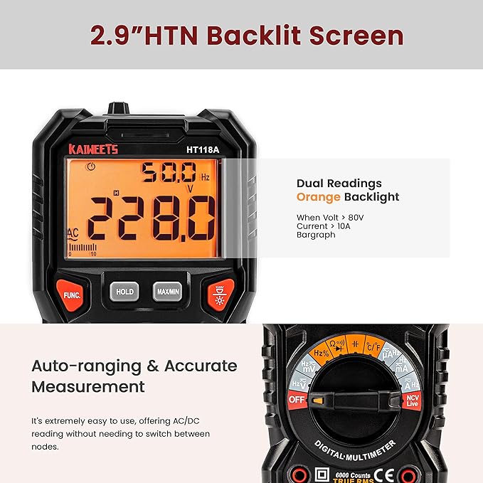 KAIWEETS HT118A TRMS 6000 Counts 1000V CATIII 600V CATIV Digital Multimeter NEW