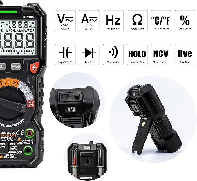 KAIWEETS HT118A TRMS 6000 Counts 1000V CATIII 600V CATIV Digital Multimeter NEW