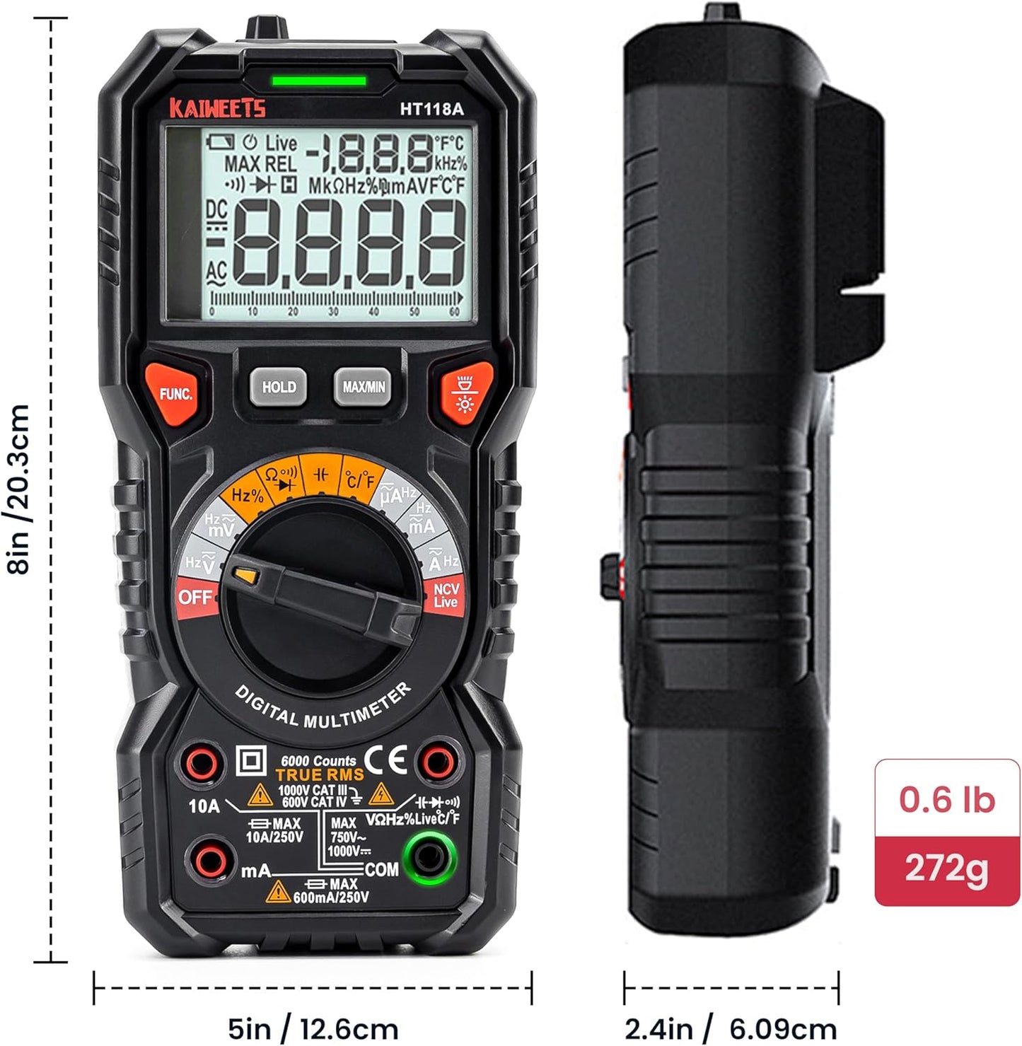 KAIWEETS HT118A TRMS 6000 Counts 1000V CATIII 600V CATIV Digital Multimeter NEW