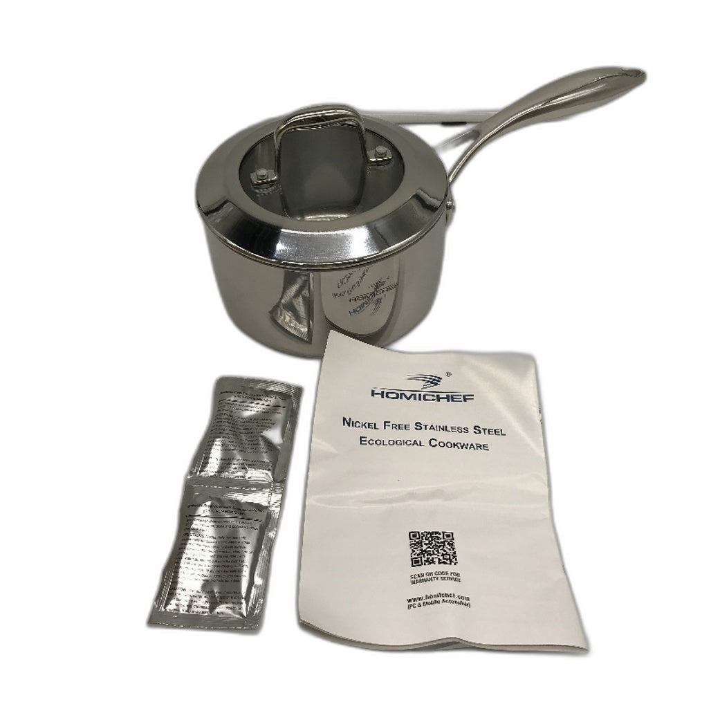 HOMICHEF 1.8 Quart Mirror Polished Stainless Steel Sauce Pan with Glass Lid NEW