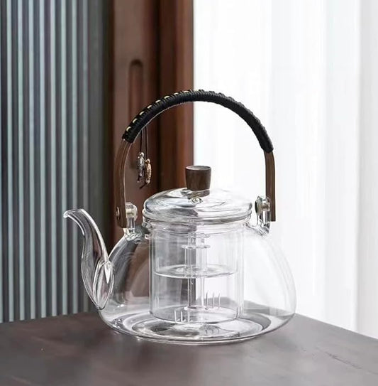 950ml Japanese Style Clear Glass Wooden Detail Teapot with Removable Infuser NEW