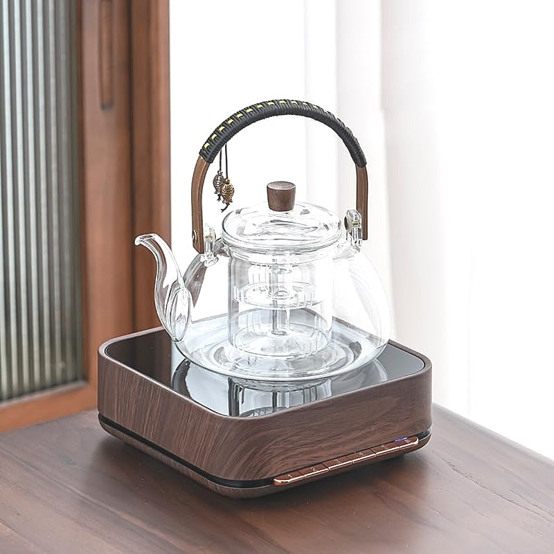 950ml Japanese Style Clear Glass Wooden Detail Teapot with Removable Infuser NEW