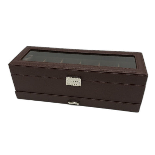 6 Slot Faux Leather Burnt Sienna Watch Storage Box with Drawer 32.5x11x11cm NEW