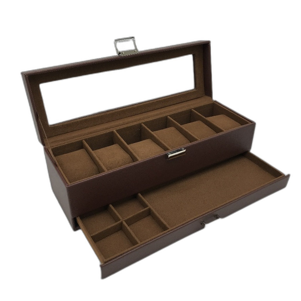 6 Slot Faux Leather Burnt Sienna Watch Storage Box with Drawer 32.5x11x11cm NEW