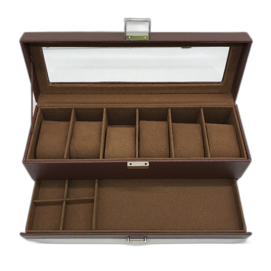 6 Slot Faux Leather Burnt Sienna Watch Storage Box with Drawer 32.5x11x11cm NEW