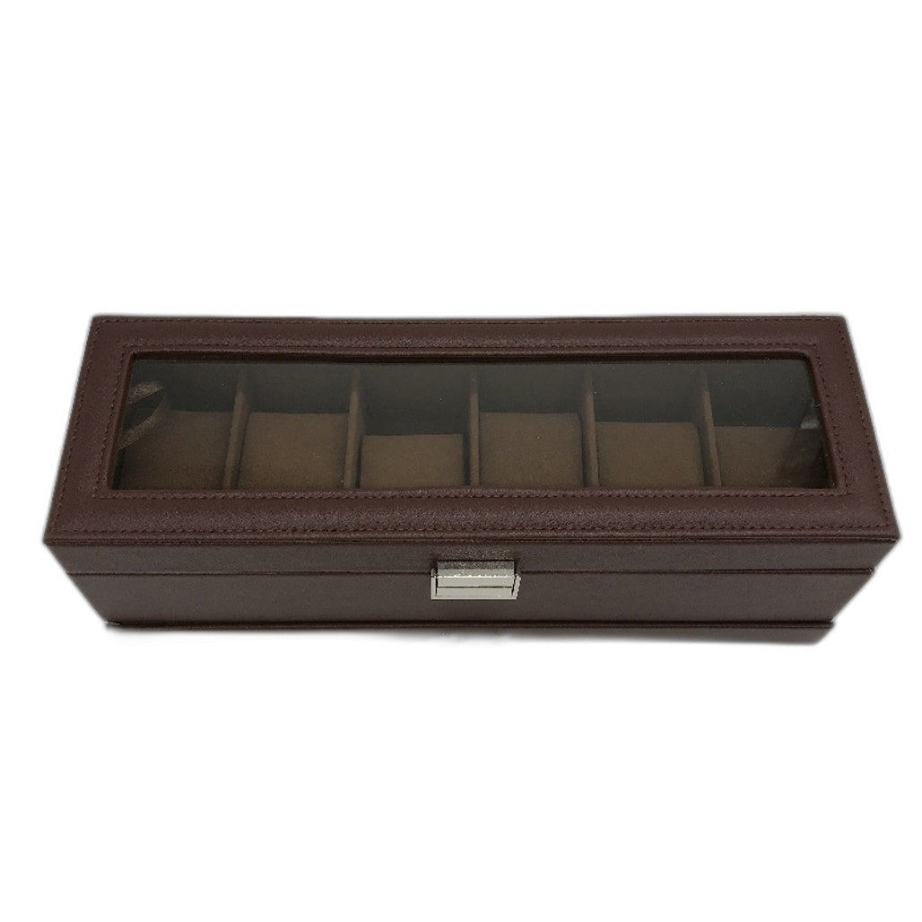 6 Slot Faux Leather Burnt Sienna Watch Storage Box with Drawer 32.5x11x11cm NEW
