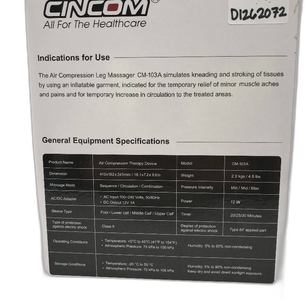CINCOM CM-103A Air Compression Therapy Device Full Leg Muscle Massager NEW