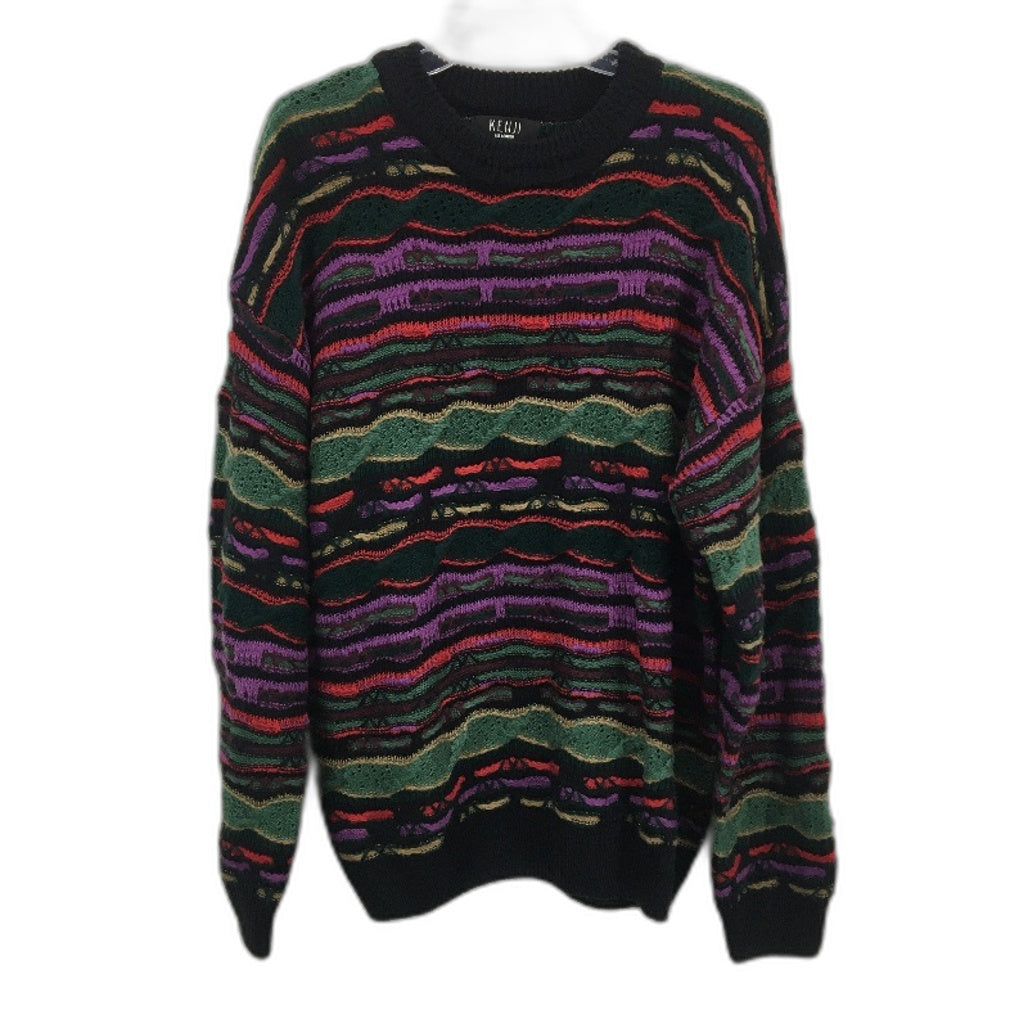 Kenji Wool Blend Black & Purple Striped Pullover Knit Jumper Mens Size M NEW