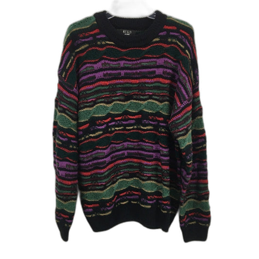 Kenji Wool Blend Black & Purple Striped Pullover Knit Jumper Mens Size M NEW