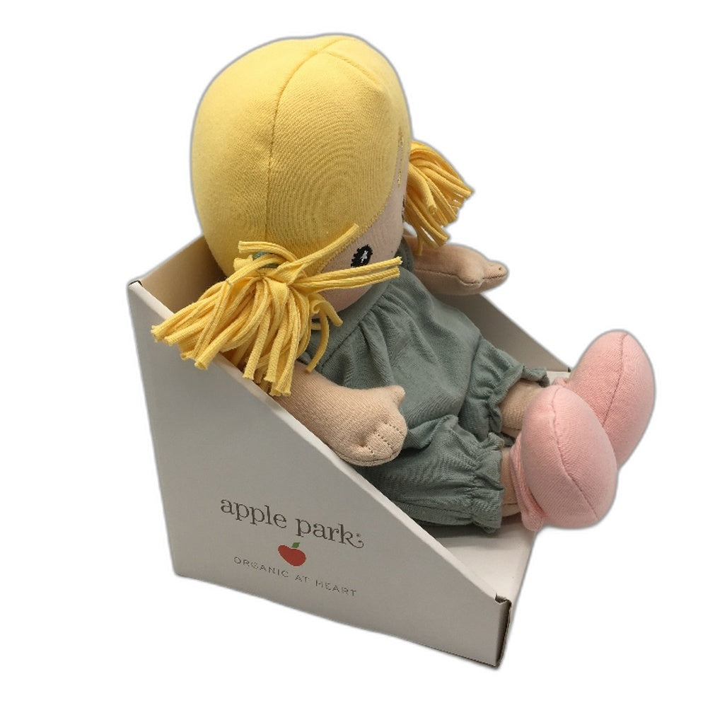 Apple Park Kids 100% Organic Cotton Chloe In Sage Muslin Soft Doll Ages 3+ NEW