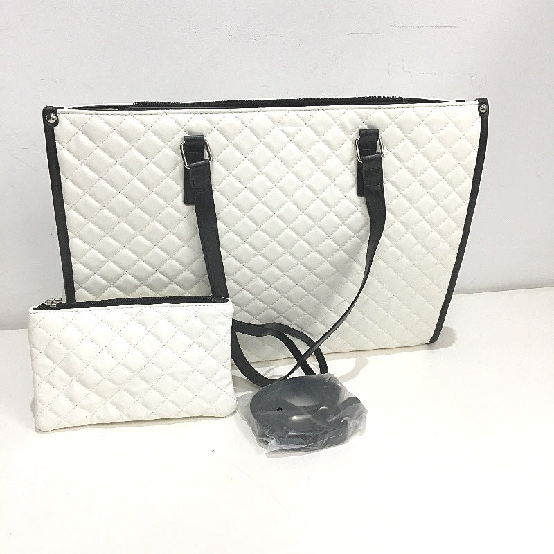 15.6 Inch Laptop Bag White Black Accent Faux Leather Quilted Look Lunch Tote NEW