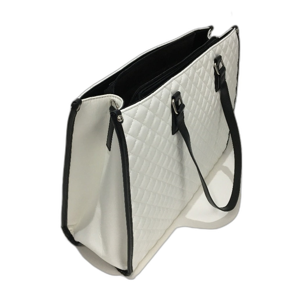 15.6 Inch Laptop Bag White Black Accent Faux Leather Quilted Look Lunch Tote NEW