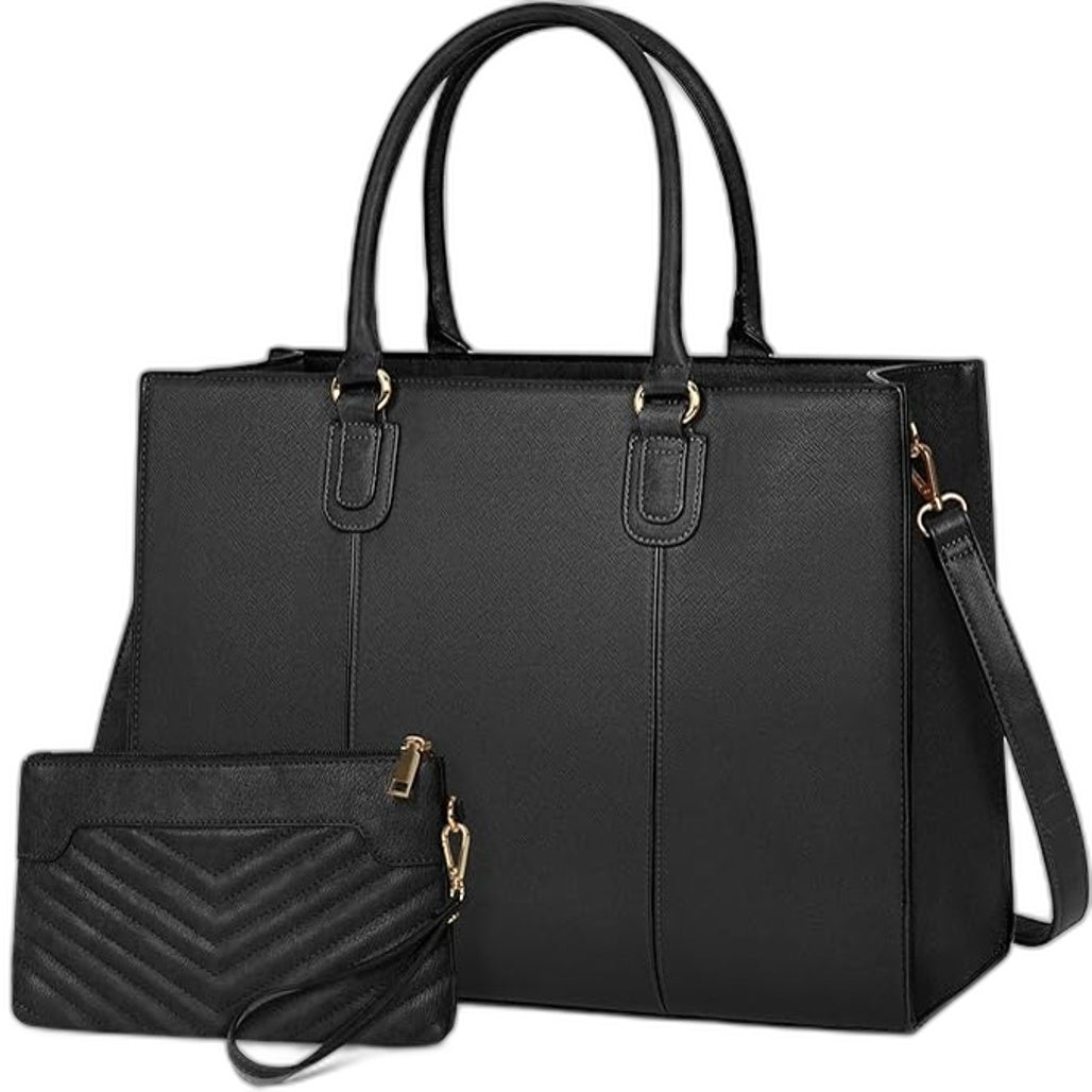 Newhey Black Leather Look Laptop Bag for Women 15.6 Inch Work Tote & Purse NEW