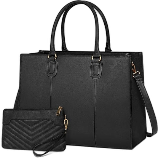 Newhey Black Leather Look Laptop Bag for Women 15.6 Inch Work Tote & Purse NEW
