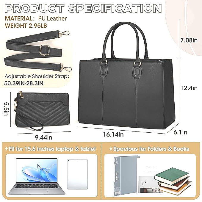 Newhey Black Leather Look Laptop Bag for Women 15.6 Inch Work Tote & Purse NEW