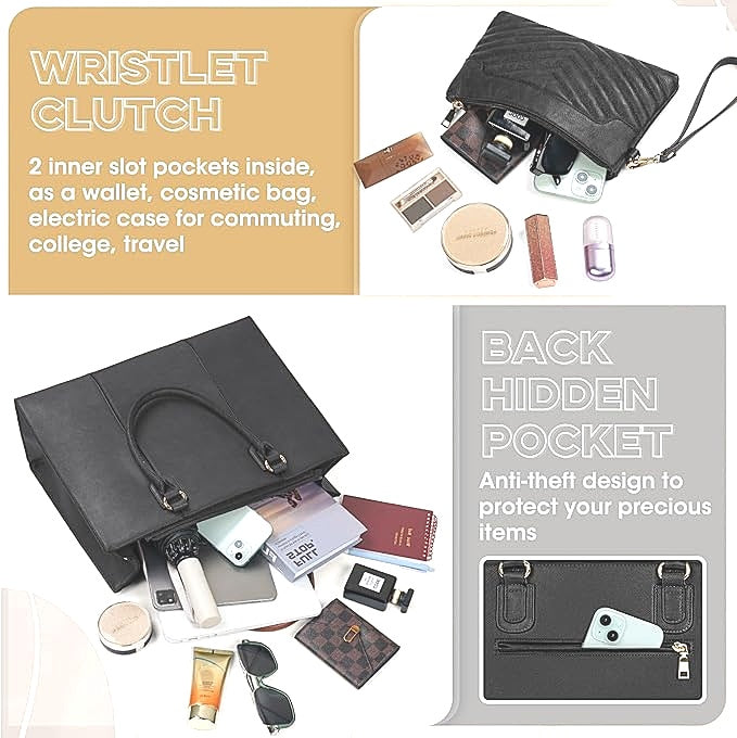 Newhey Black Leather Look Laptop Bag for Women 15.6 Inch Work Tote & Purse NEW