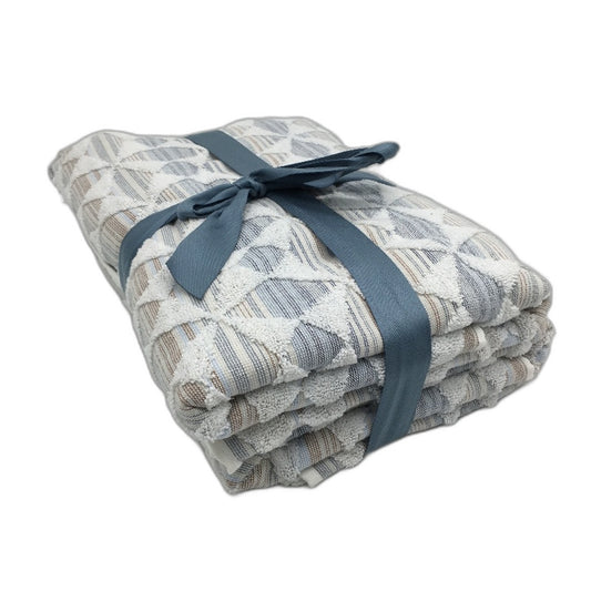 Kirkton House 2Pce Cotton White & Blue Geo Textured Patterned Bath Towel Set NEW