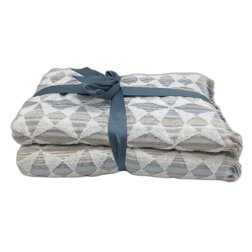 Kirkton House 2Pce Cotton White & Blue Geo Textured Patterned Bath Towel Set NEW