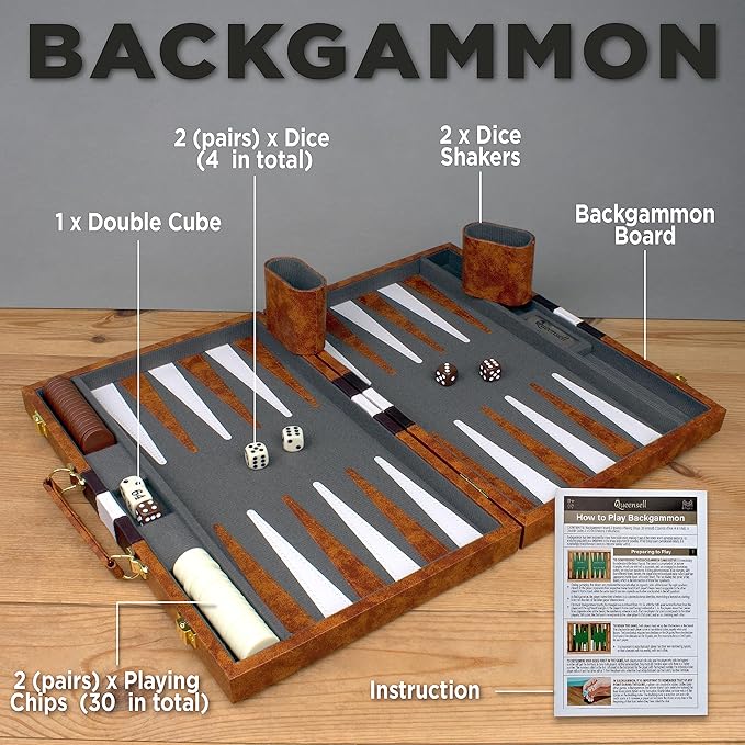 Queensell Backgammon Set Classic Board Game in Brown Quality PU Leather Case NEW