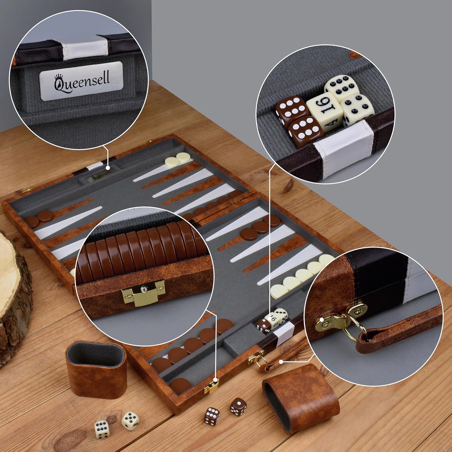 Queensell Backgammon Set Classic Board Game in Brown Quality PU Leather Case NEW