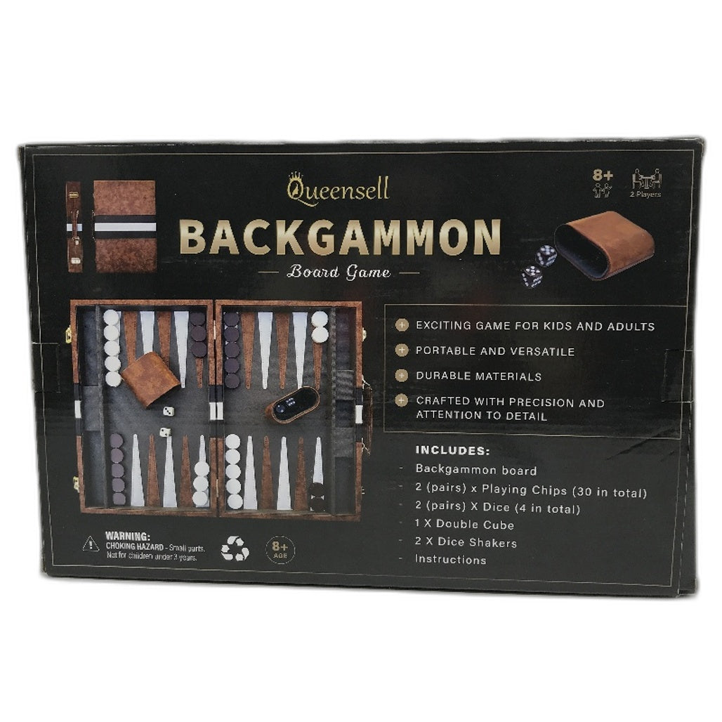 Queensell Backgammon Set Classic Board Game in Brown Quality PU Leather Case NEW