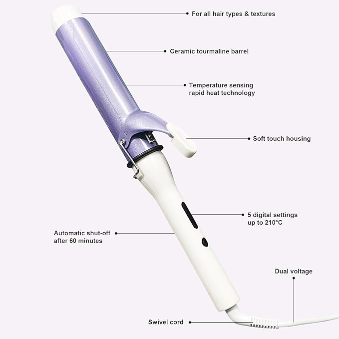 40mm Ceramic Barrel 220V 50Hz 5 Heat Mode Hair Curling Iron in Purple White NEW