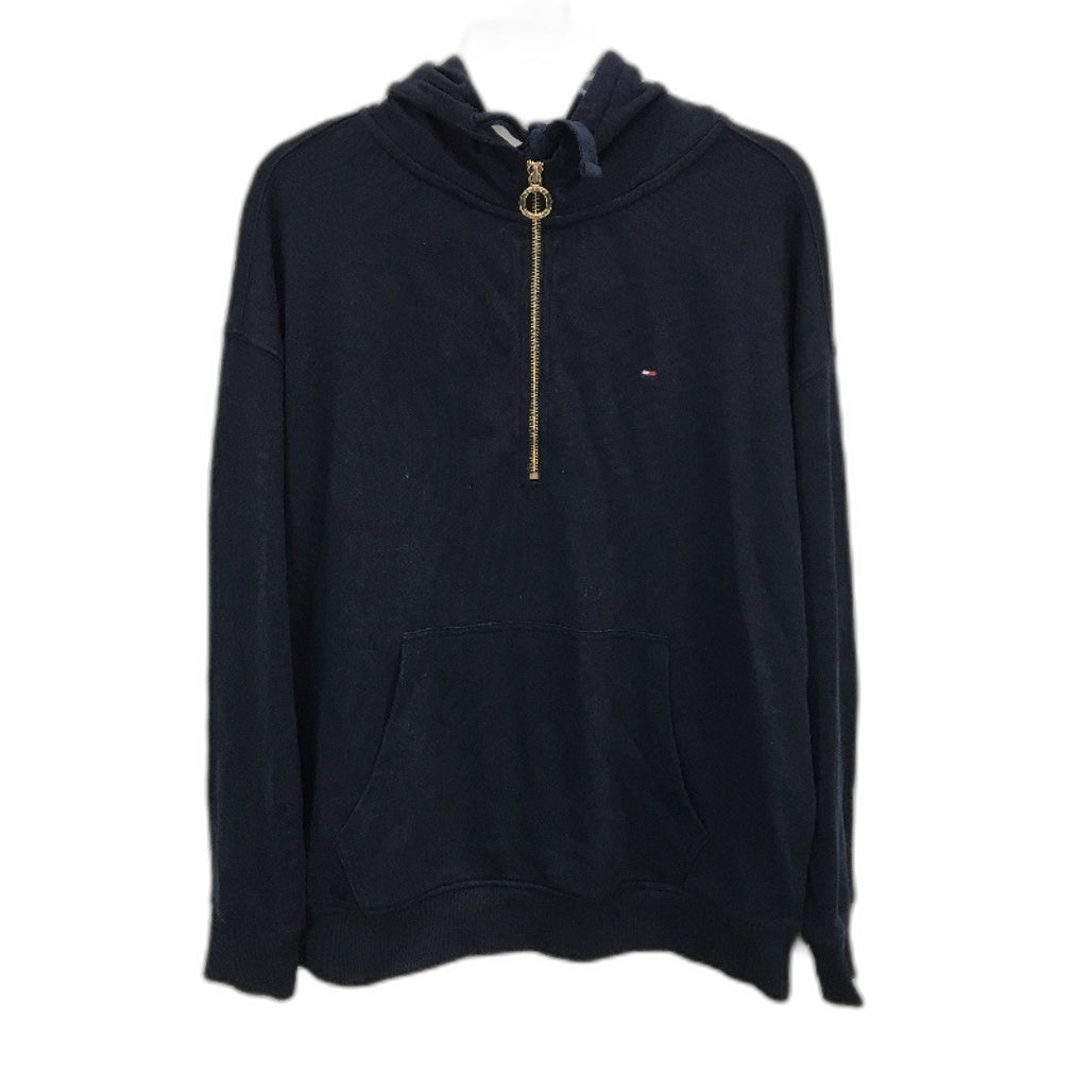 Tommy Hilfiger Quarter Zip Hooded Navy Front Pocket Jumper Ladies Size Large