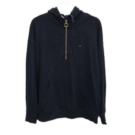 Tommy Hilfiger Quarter Zip Hooded Navy Front Pocket Jumper Ladies Size Large