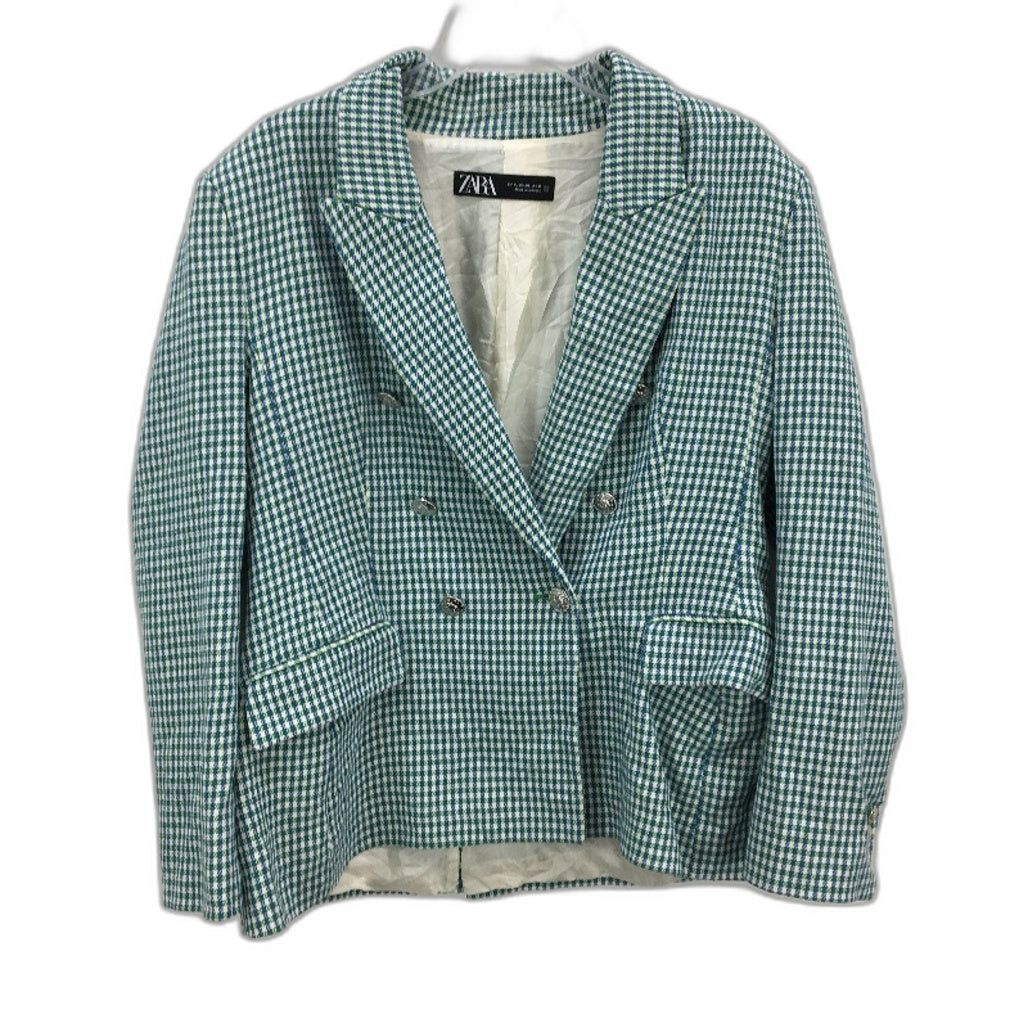 Zara Double Breasted Green Blue Gingham Fitted Blazer Jacket Ladies Size XL